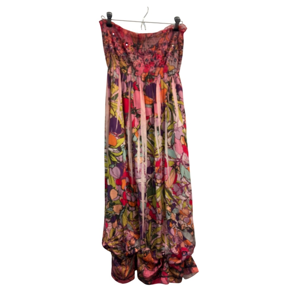 Lapis Strapless Maxi Dress Pink Floral Bubble Hem Whimsical‎ Fairy Multicolor